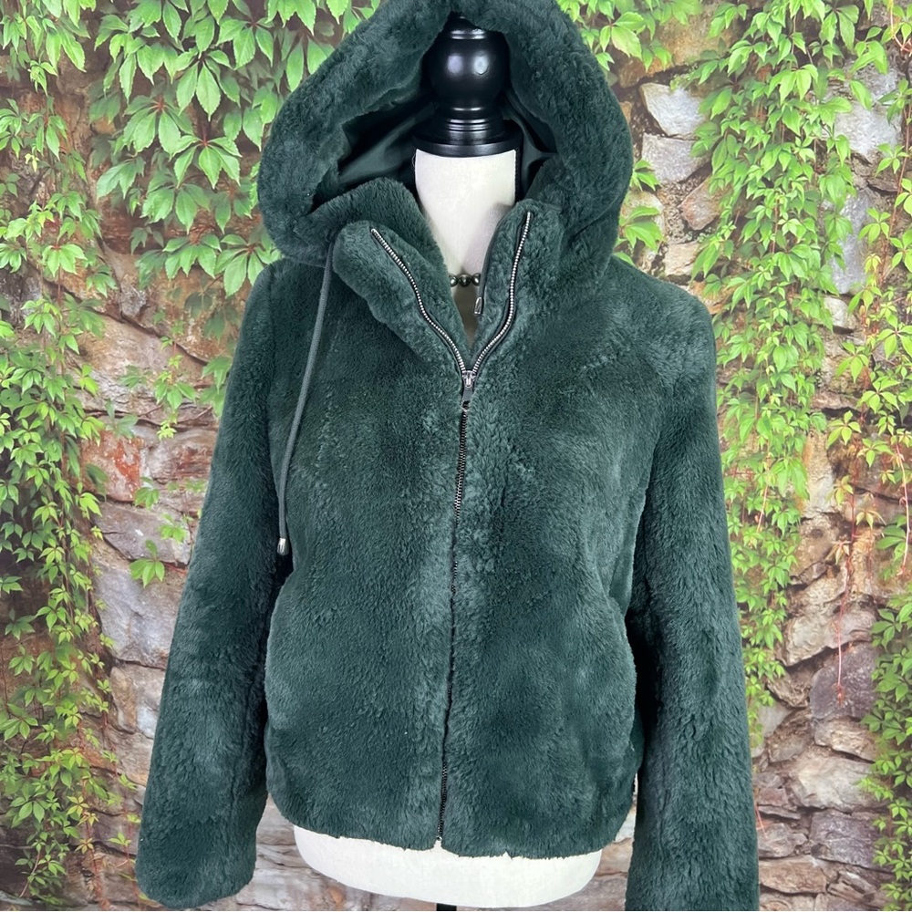 RACHEL ZOE Plush Cozy Green Patterned Teddy Fur Faux Fur Hooded Jacket, XS - Picture 3 of 12